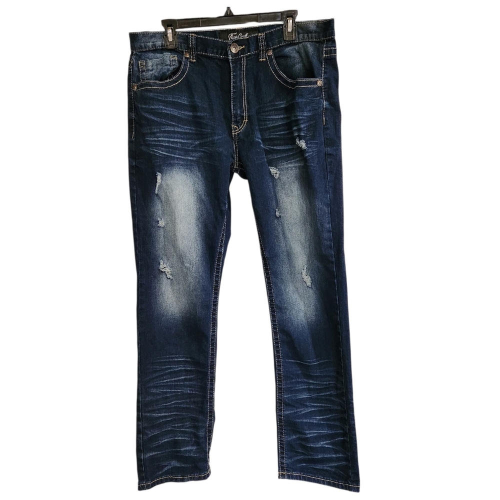 True Luck Jeans Mens Size 36x32 Straight Distressed  Embroidered Stitch Dark